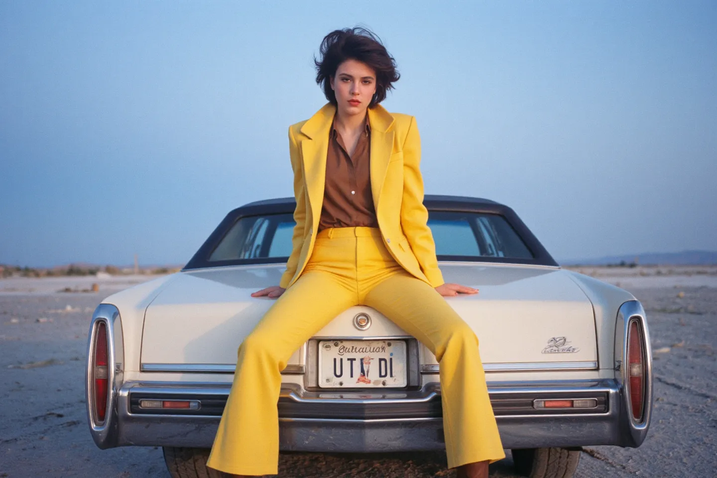 Woman with brunette wavy hair wearing a yellow blazer, brown shirt, yellow bell bottoms, and brown cowboy boots sitting on the trunk of a white Cadillac with a Utah license plate in the middle of salt flats during blue hour.