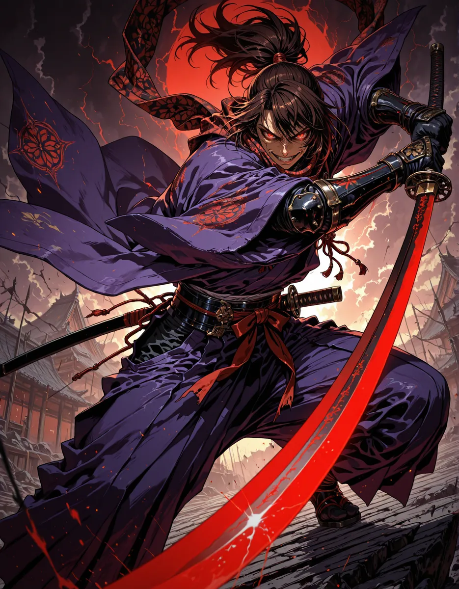 Ein wilder Samurai mit leuchtend roten Augen und schlitzförmigen Pupillen, gekleidet in einen violetten Kimono, mit einem leuchtend roten Katana in einer dynamischen Kampfpose unter einem stürmischen Himmel.