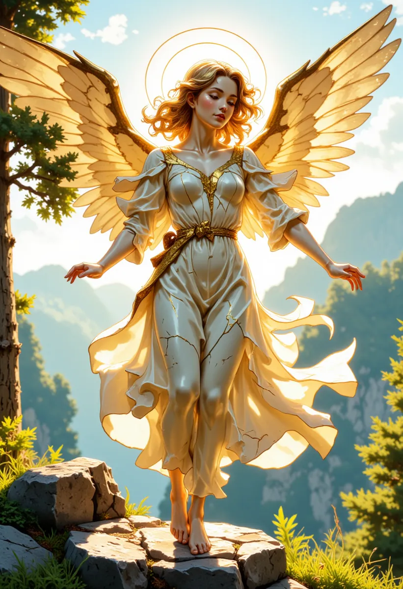 Um anjo radiante em voo com pele translúcida de alabastro remendada com veias douradas Kintsugi, asas douradas abertas sob um halo brilhante, em terreno rochoso com fundo de montanha.