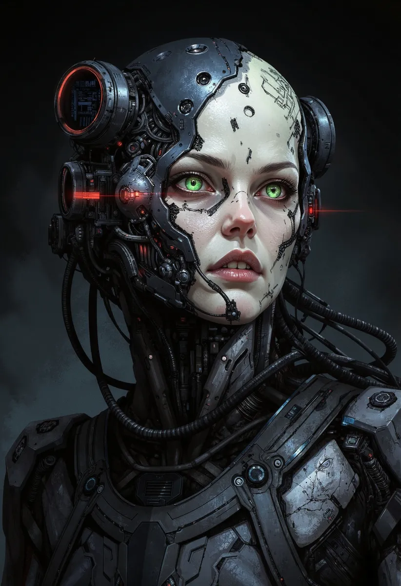 Portrait of a cybernetic queen with borg-inspired armor, featuring green glowing eyes, dark metallic plating, and intricate technological implants.