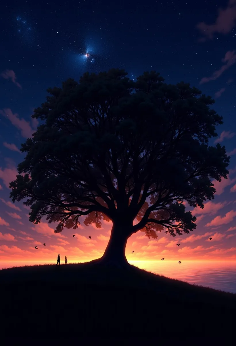 Digital landscape of a large oak tree silhouette against a vibrant starry nightly sky with orange and dark red highlights, flying birds, and distant stars