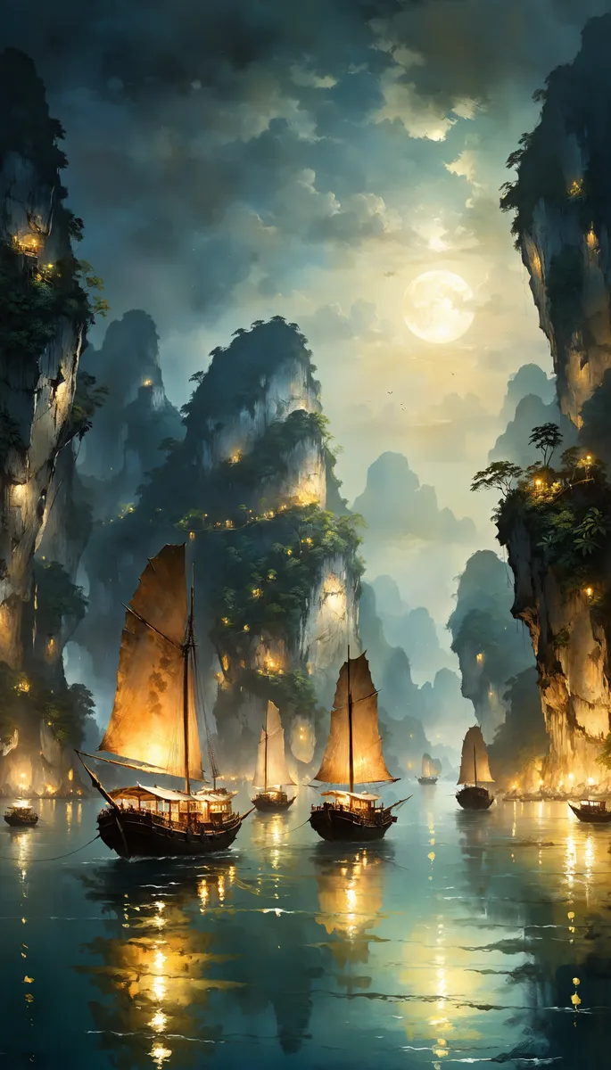 Tranquil Ha Long Bay at night with iconic limestone karsts, glowing sail boats on calm waters, illuminated by warm lights and full moon.