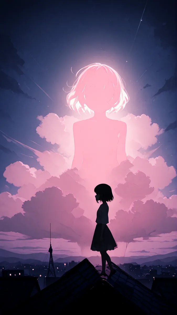 Pink Silhouette Girl on Rooftop in Moonlight - AI Image Gallery | Diffus