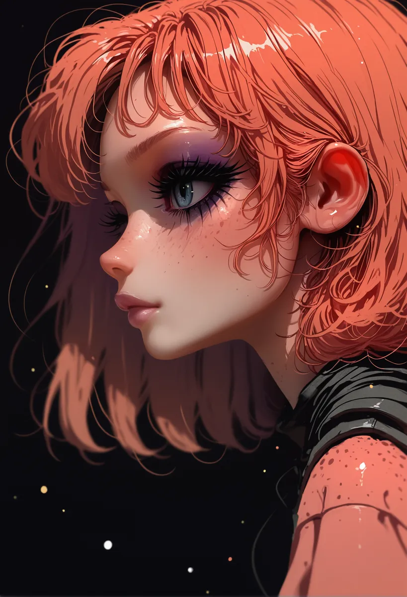 Ritratto di profilo laterale di una ragazza con capelli rossi corti, lentiggini dettagliate, trucco occhi viola, ciglia lunghe e texture cutanea realistica evidenziata dall'effetto grana della pellicola.