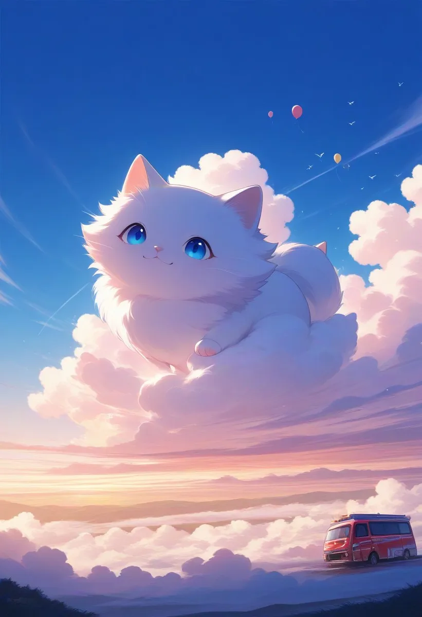 Cat Among Fluffy Clouds at Sunset - AI Image Gallery | Diffus
