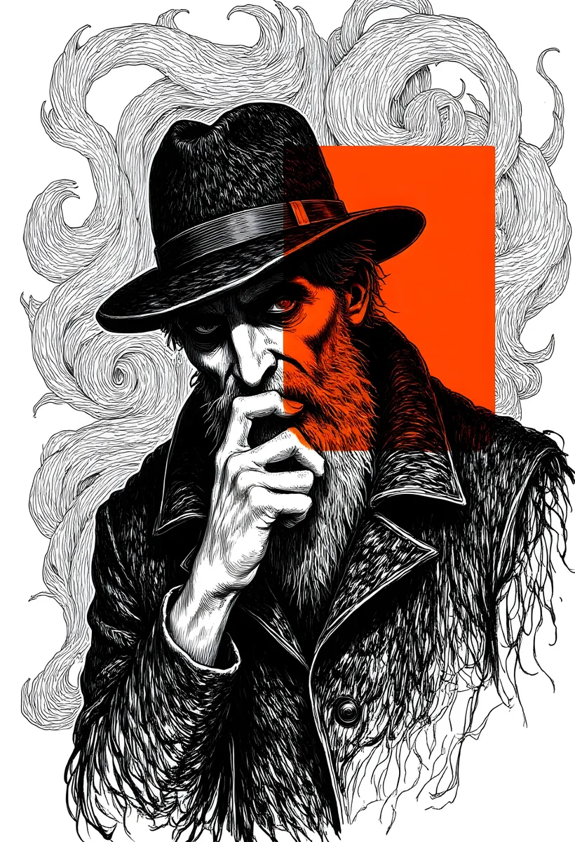 Schizzo a inchiostro altamente dettagliato di un uomo anziano con barba prominente e cappello a tesa larga, con lavoro di linee intricati e un accento rettangolare astratto arancione bruciato dietro il volto.