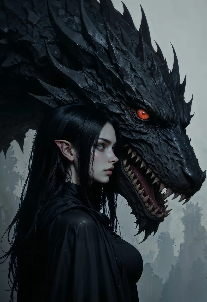 長い黒髪と尖った耳を持つ青白い肌のエルフ女性が、大きな黒いドラゴンの赤く光る目と鋭い歯の横に立っており、霧がかった風景を背景にしている。