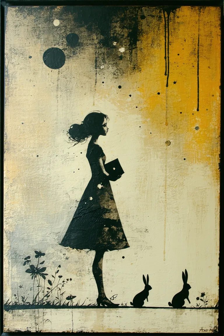 A dark silhouette of a girl resembling Alice holding a book, standing next to two rabbits in an abstract, textured background with warm yellow and dark tones