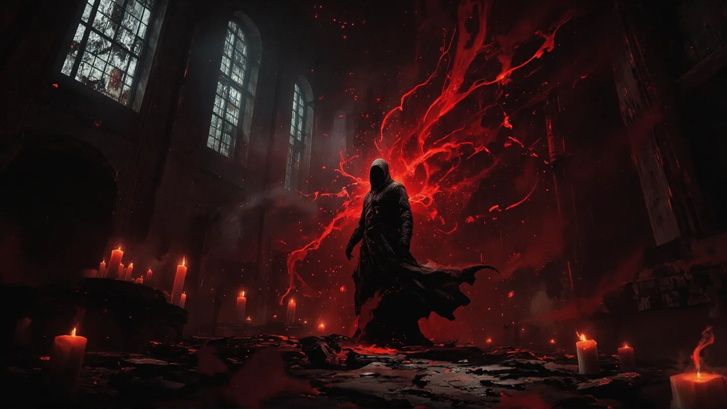 A hooded figure stands in a dim, crumbling cathedral surrounded by flickering candles and shattered stained glass, enveloped in swirling dark red mist.