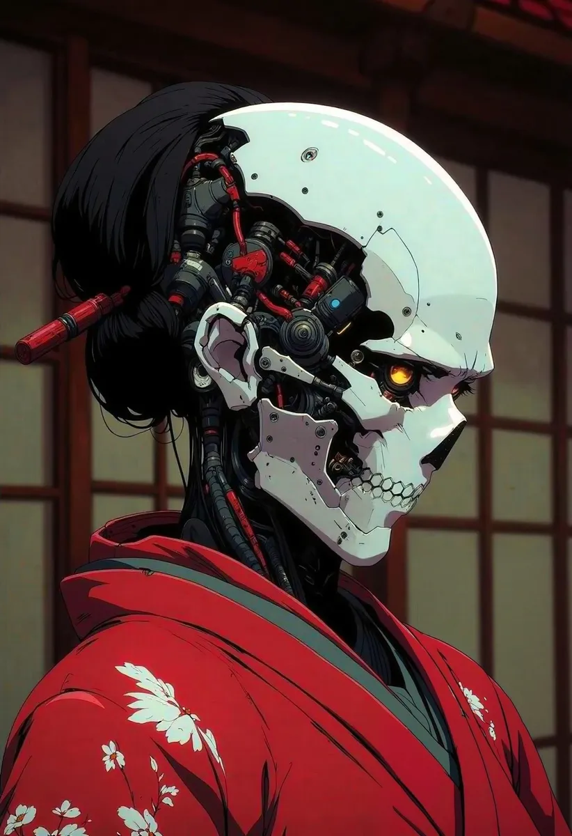 Side view of a sinister Geisha android in a red kimono with an open cyborg mask showing mechanical parts inside, set in a Japanese teahouse.