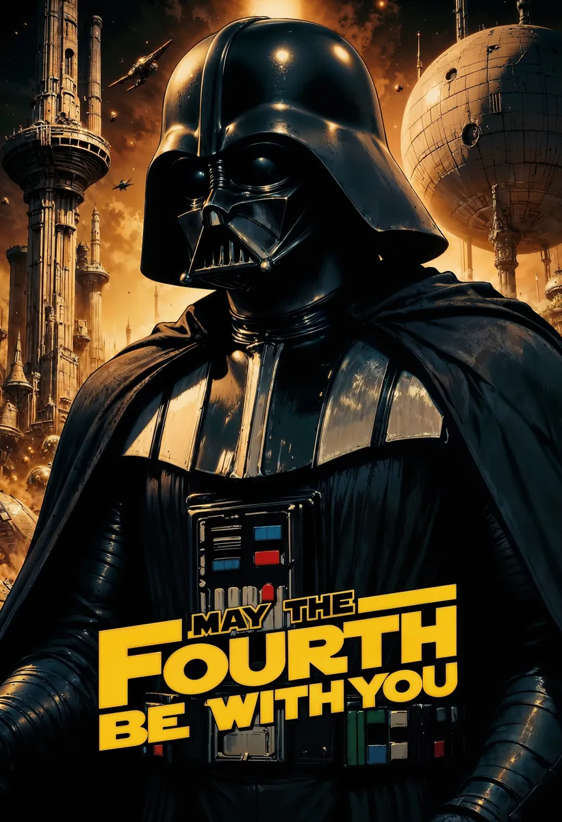 Stylized portrait of Darth Vader with a glossy black helmet and armor in front of a sepia-toned sci-fi space station and spacecraft, featuring bold yellow text saying 'May the Fourth Be With You'.