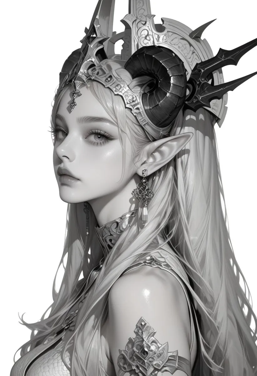 Un retrato detallado en monocromo de una chica elfa con largo cabello blanco, orejas puntiagudas, llevando una corona con cuernos y joyería elaborada, mirando de lado.
