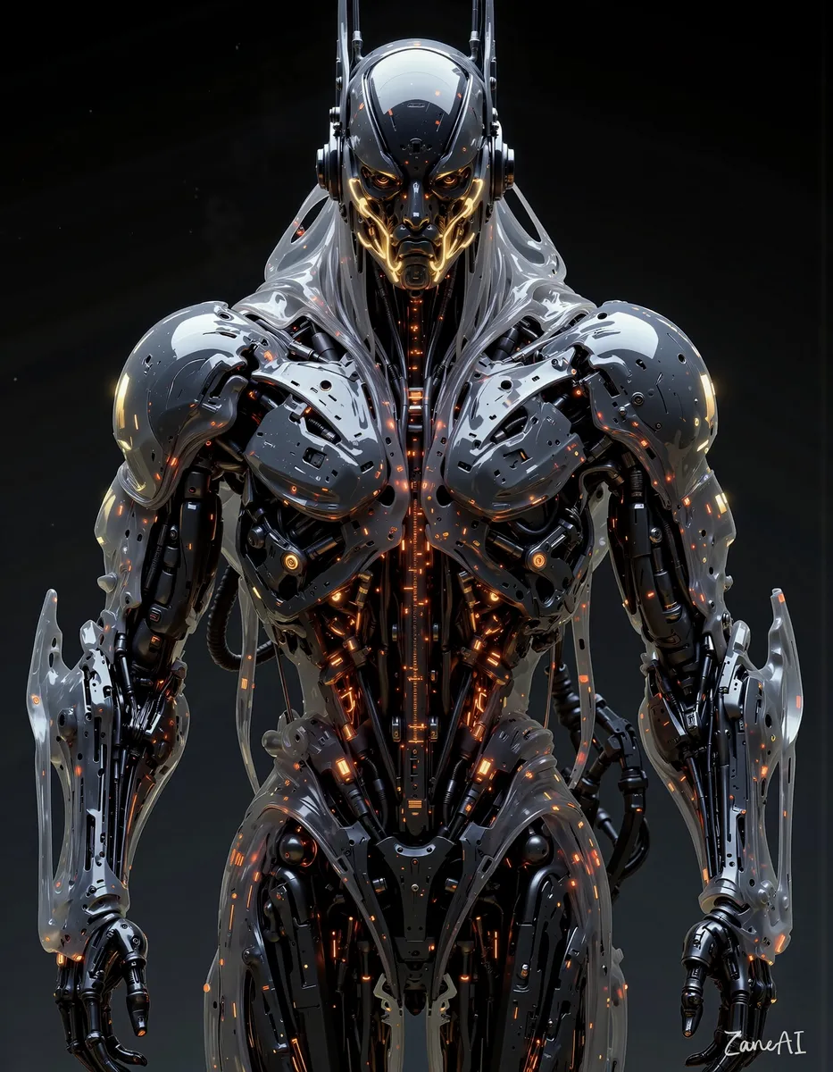 A hyper-realistic mercenary android with a transparent resin exoskeleton, revealing exposed servos, braided cables, fiber bundles, and glowing energy conduits inside.