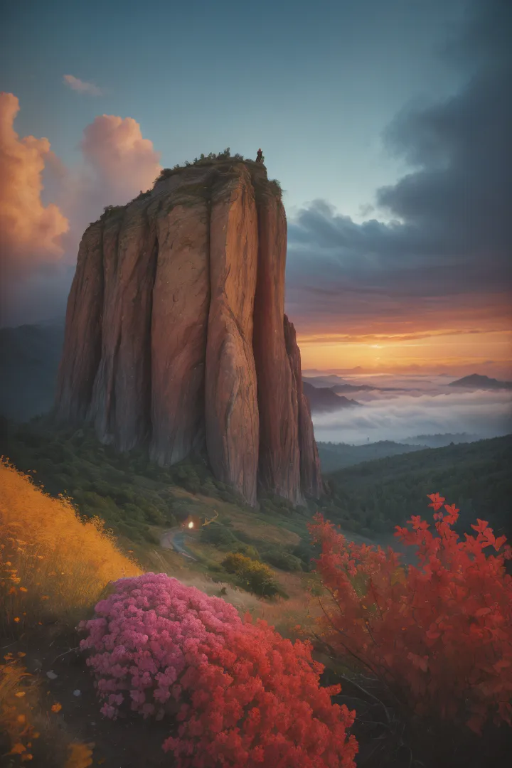 A surreal landscape featuring a towering rock formation illuminated by cinematic sunset lighting, surrounded by vibrant pink and red foliage and a misty valley beyond.