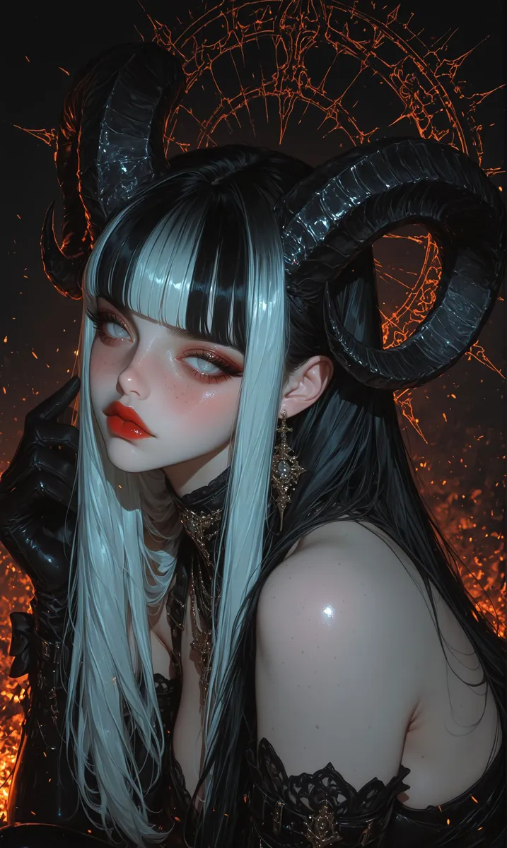 Ritratto di una ragazza demone con capelli bianchi e neri, grandi corna curve scure, guanti neri e gioielli ornati, con uno sfondo infernale infuocato e illuminazione drammatica.