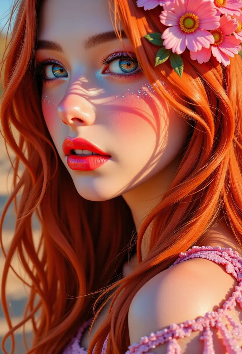 Ethereal Woman with Flowing Red Hair and Face Painting - AI Image ...