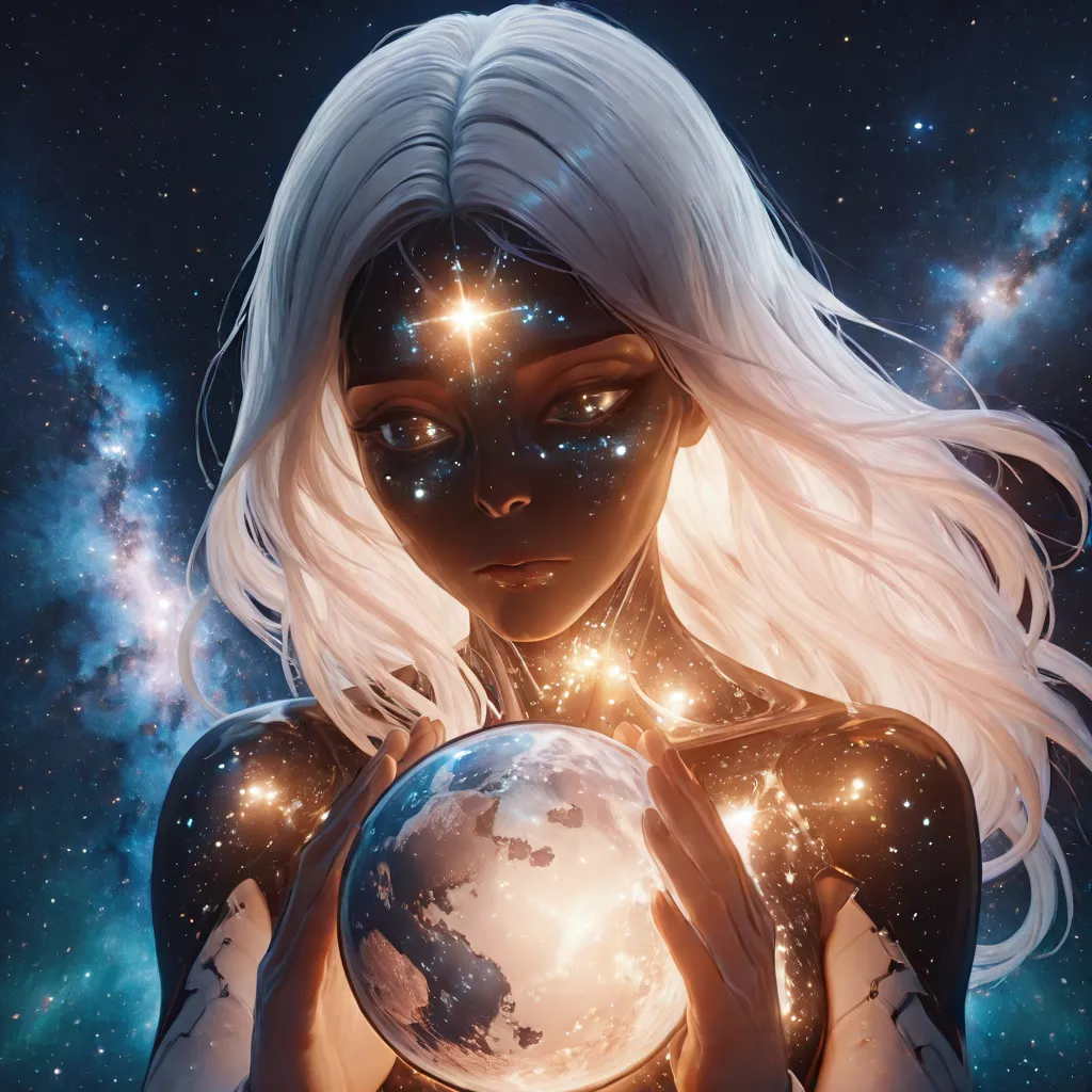 Una dea celeste dello spazio con occhi verdi stellari luminosi e capelli bianchi fluenti tiene un globo terrestre luminoso, illuminato da illuminazione volumetrica e sfondo di nebulosa.