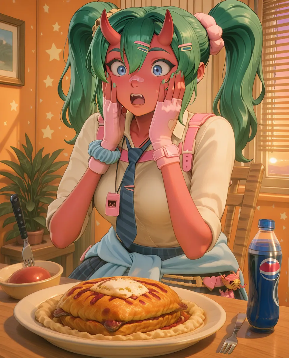Una chica demonio de piel roja con cabello verde en coletas y cuernos, sorprendida con las manos en su rostro, sentada en una cocina cálidamente iluminada al atardecer con un gran plato de comida y una botella de Pepsi sobre la mesa.