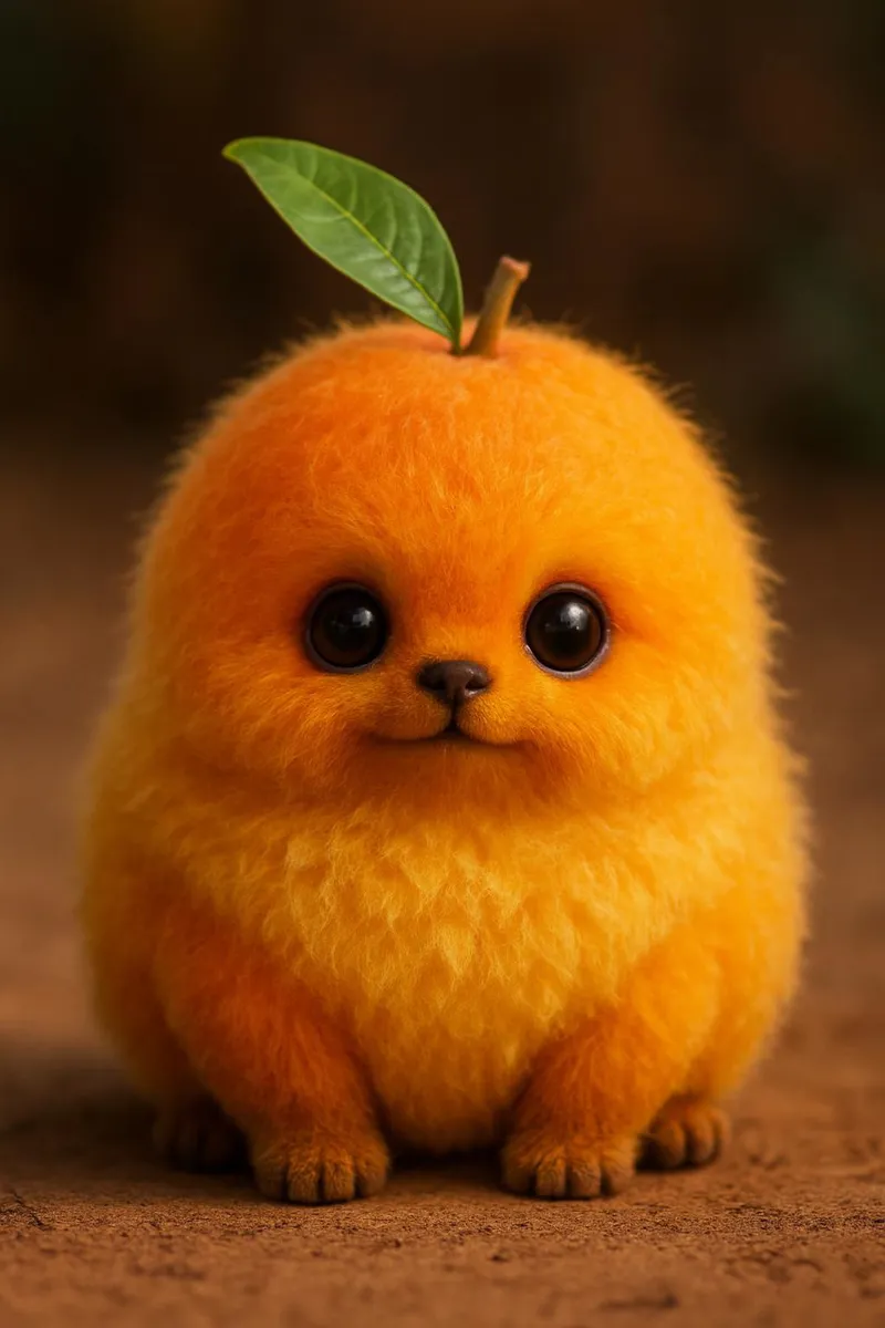 Realistisches und flauschiges, mangofarbenes Wesen mit großen schwarzen Augen, kleiner Nase und grünem Blattstiel auf dem Kopf, das auf erdigem Boden sitzt.