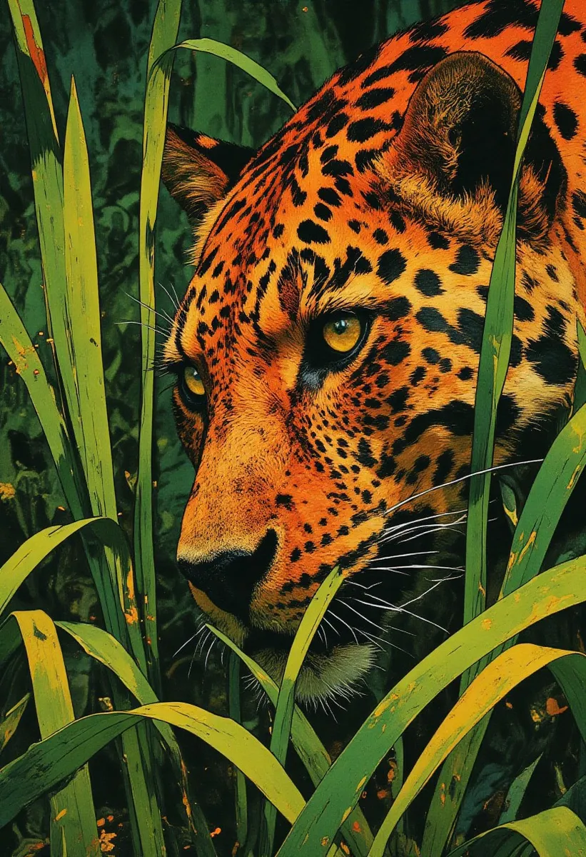 Close-up of a leopard’s face partially obscured by tall green grass, showcasing sharp patterns and intense golden eyes with natural soft lighting.
