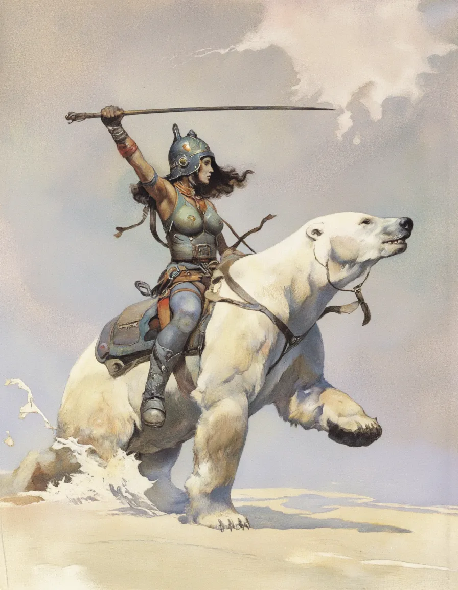 Woman Warrior Riding Polar Bear in Frank Frazetta Style - AI Image ...