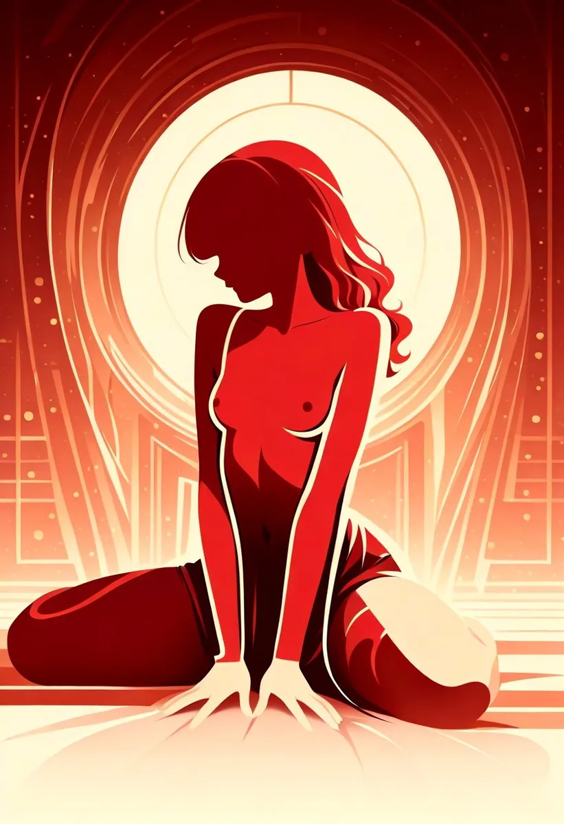 Minimalist vector illustration of a red-toned, stylized female silhouette kneeling with an abstract circular light background.
