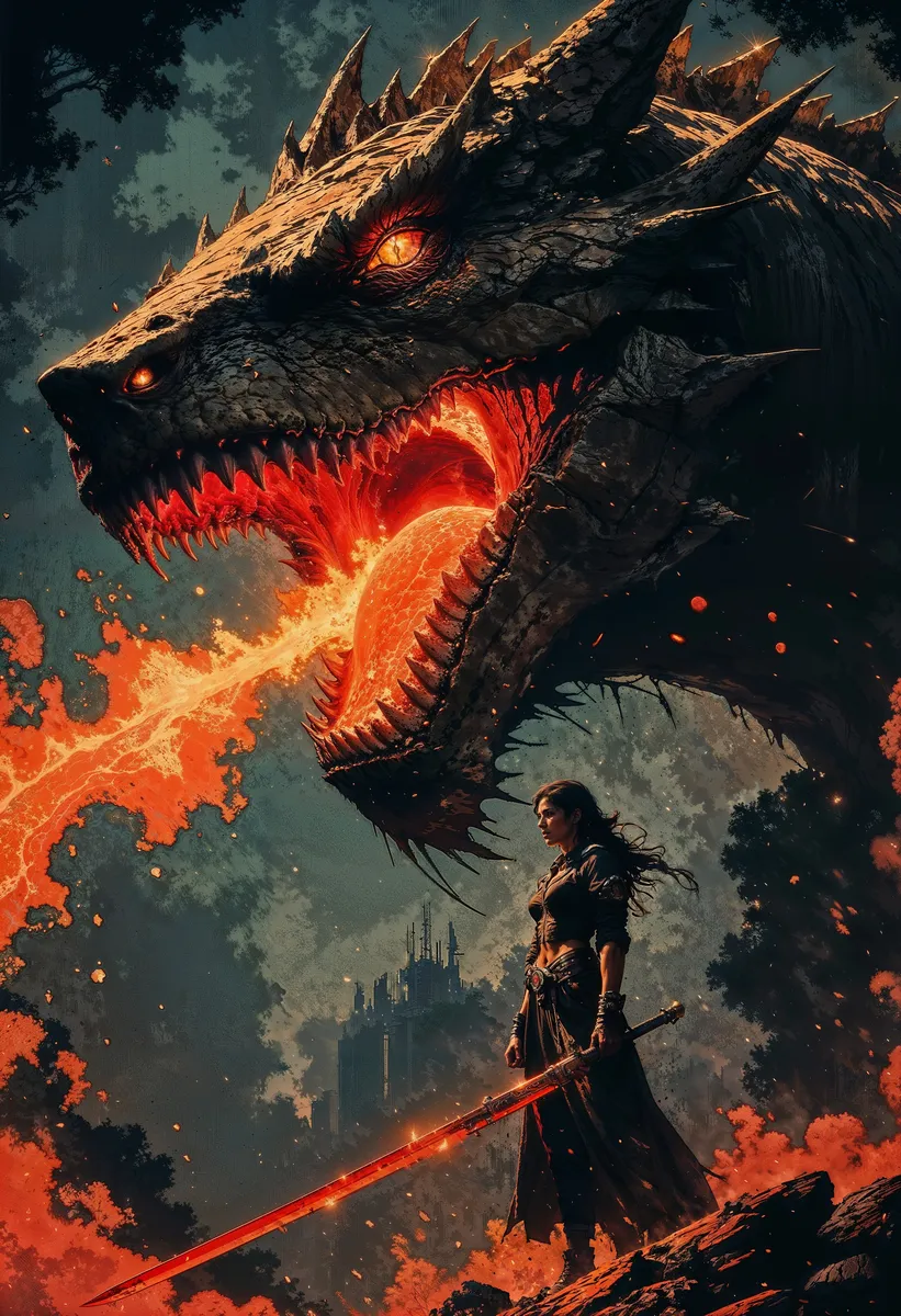 Dark Fantasy Dragon with Female Warrior and Glowing Sword - AI Image ...