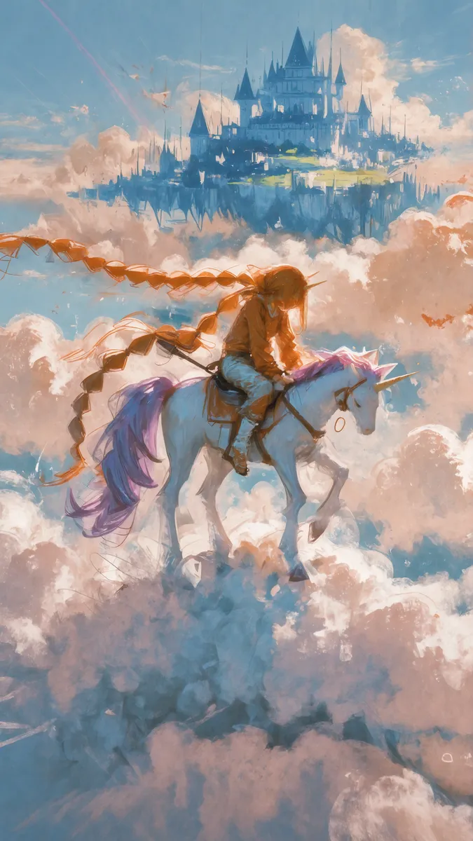 A fantasy scene featuring a girl with extremely long braided orange hair riding a white unicorn with a pink mane and rainbow horn, floating among soft clouds with a large, majestic floating castle in the distance.