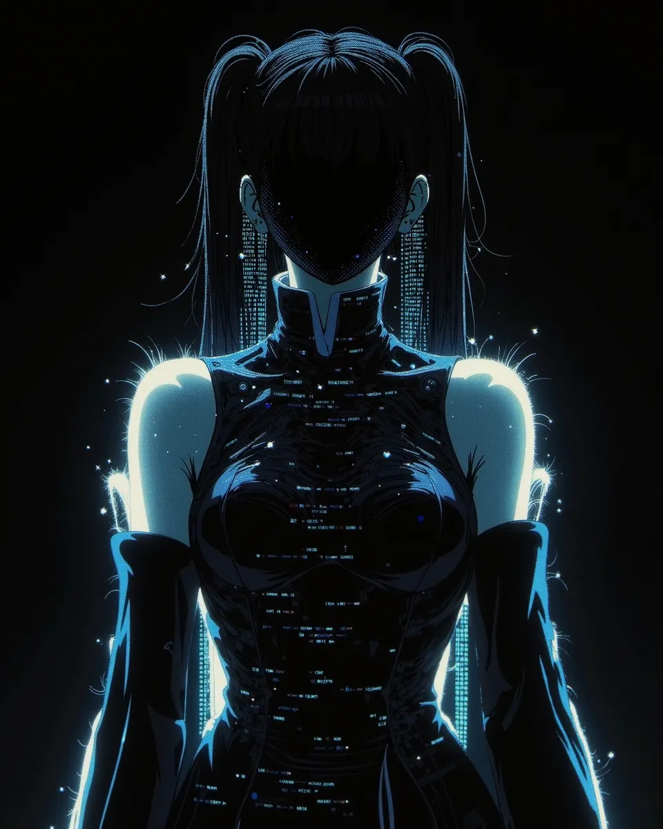 Haunting upper body portrait of Hatsune Miku with pigtails and iconic dress, her face a void and body dissolving into digital code and light particles.