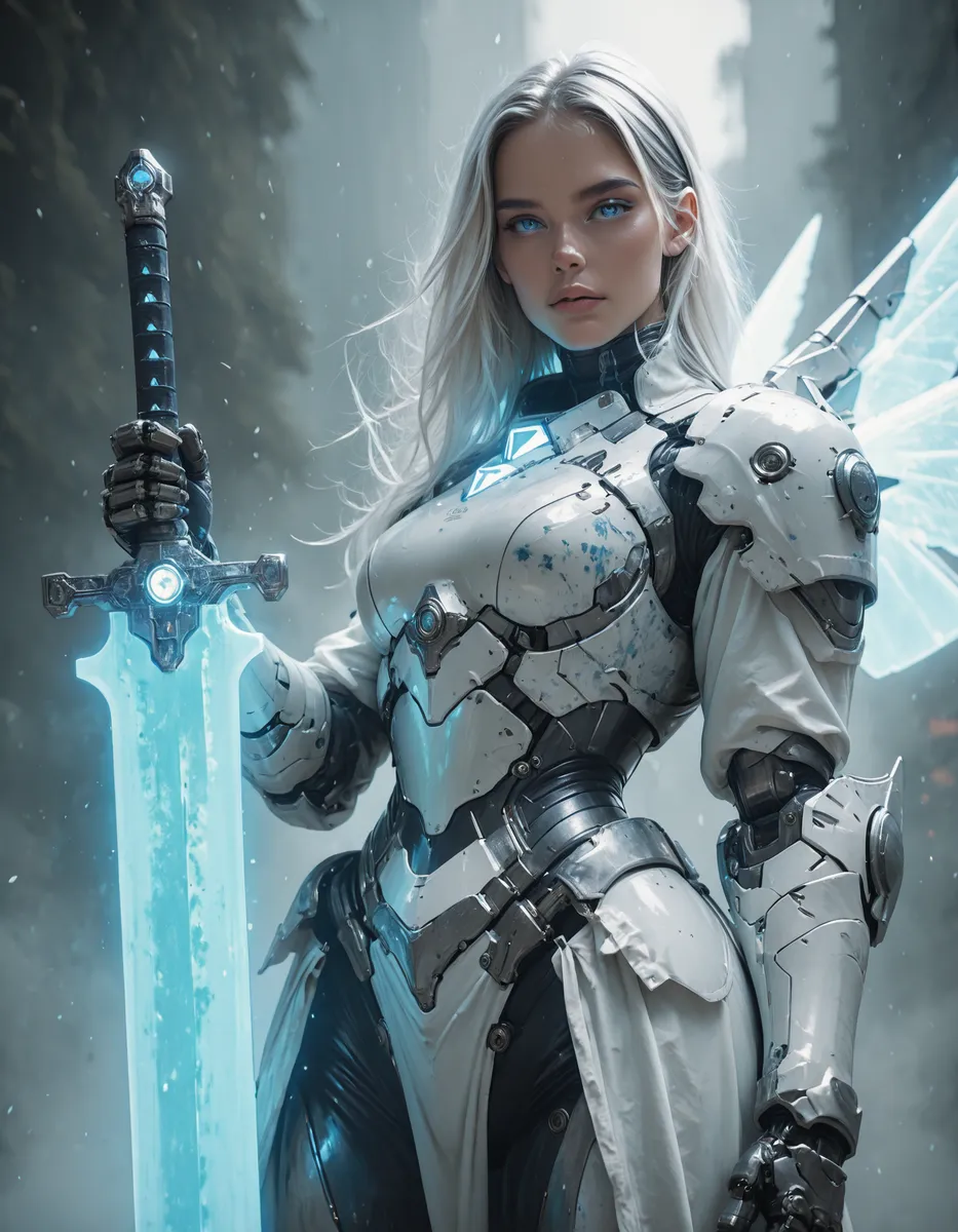 White Mecha Armor Girl with Blue Glowing Sword - AI Image Gallery | Diffus