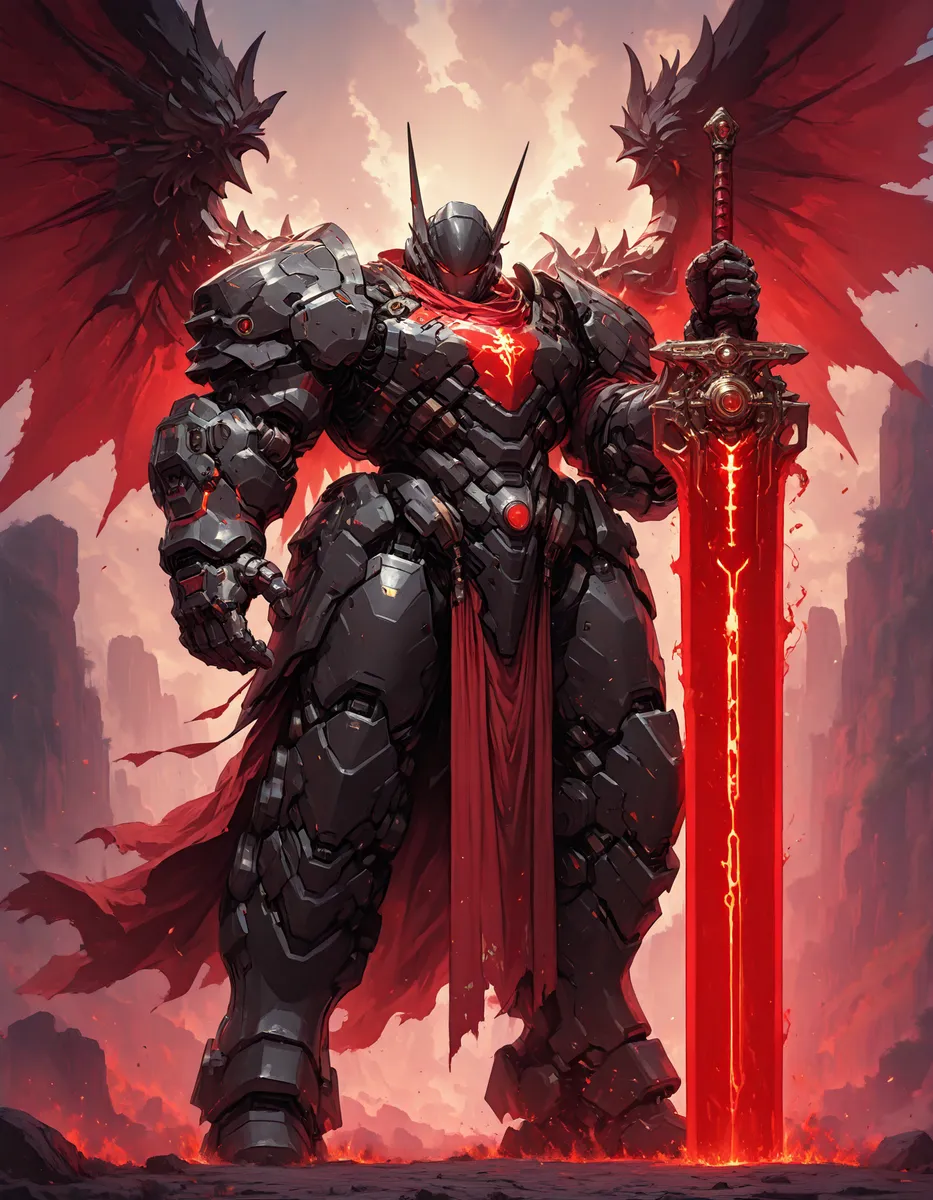 Un potente cavaliere mecha in armatura nera con accenti rossi luminosi, che impugna una grande spada rossa luminosa, con ali rosse fiammeggianti aperte dietro, in piedi tra un terreno roccioso.