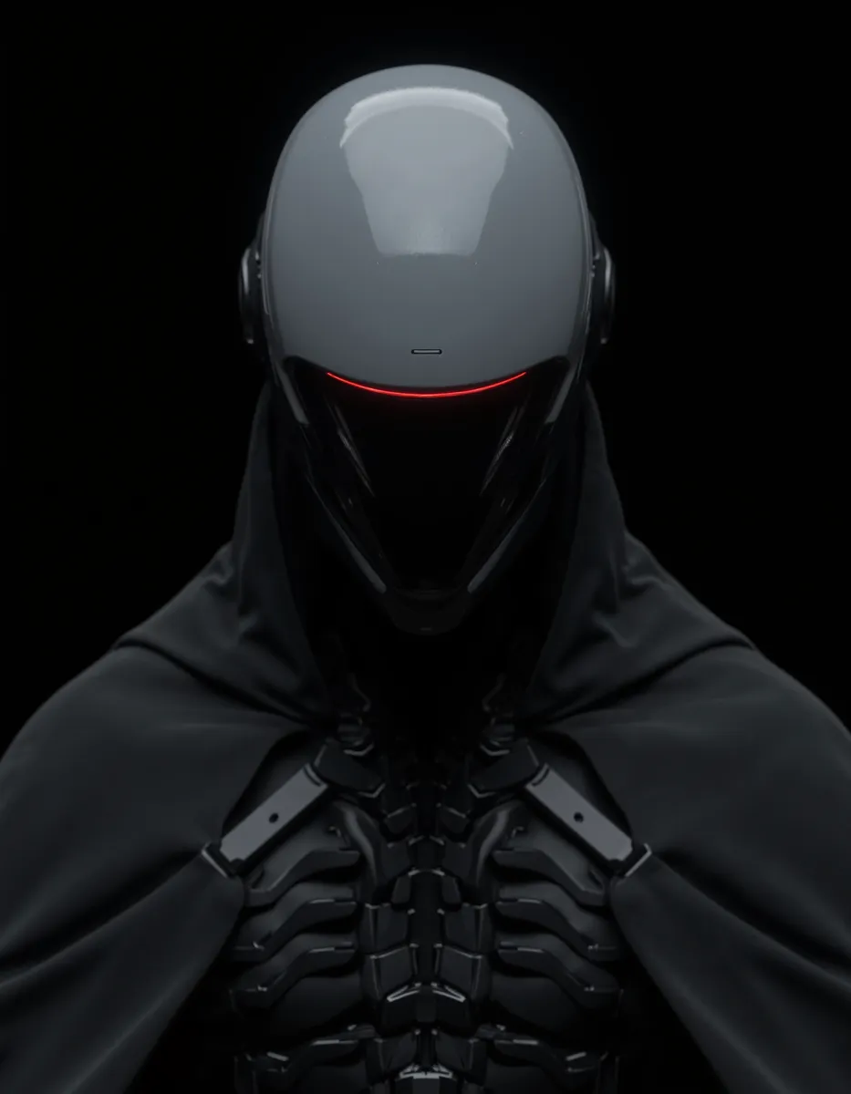 Futuristic Helmet with Red Visor and Black Cape - AI Image Gallery | Diffus