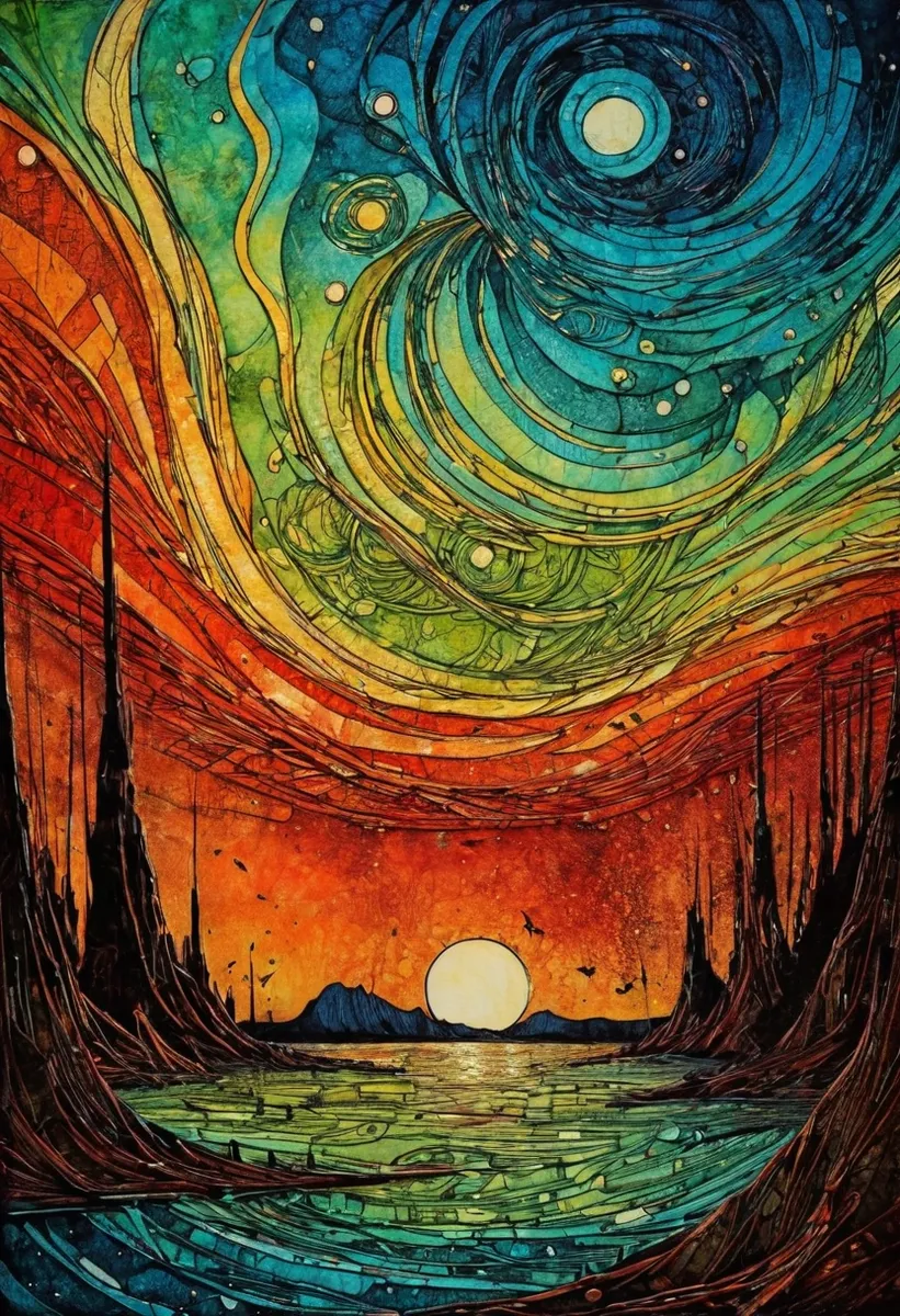 A vibrant dramatic collagraph depicting an abstract sunset landscape with swirling sky patterns and textured layers, inspired by Genndy Tartakovsky's style.