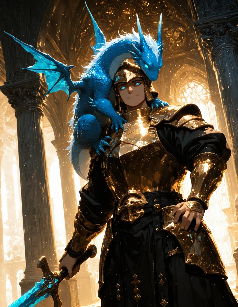 Fantasy Warrior with Blue Dragon in Gold Armor - AI Image Gallery | Diffus
