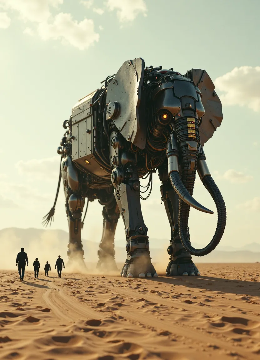 Mechanical Elephant in Vast Desert Landscape - AI Image Gallery | Diffus