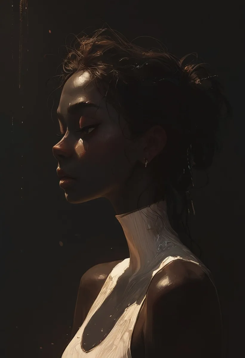 Ritratto di profilo laterale di una donna dalla pelle nera che indossa un body bianco, evidenziato da un'illuminazione drammatica con dettagli espressivi.