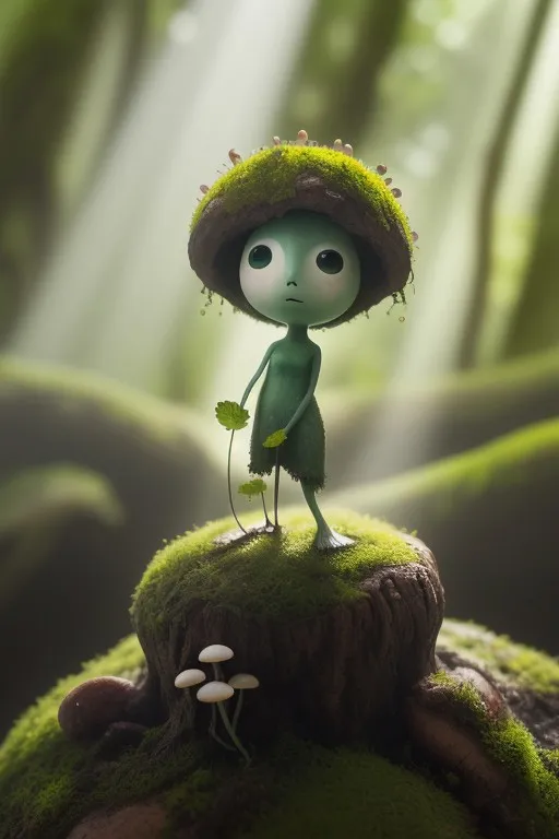 Whimsical Kodama forest spirit standing on a moss-covered mushroom stump surrounded by miniature mushrooms, bathed in soft forest light with a dreamy atmosphere.