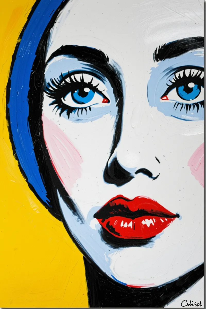 Abstract cubist painting of a woman's face with blue eyes and red lips in minimalist style on yellow background