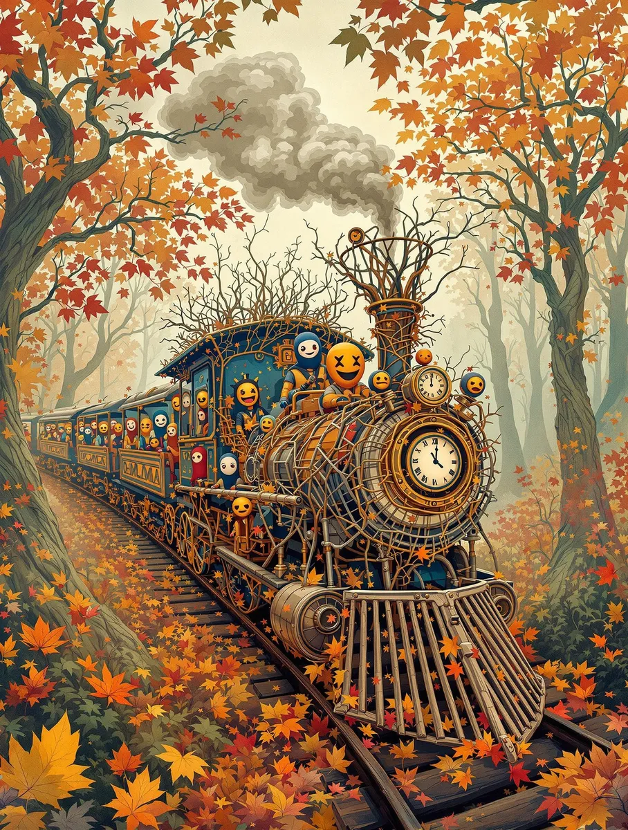 A surreal train constructed from woven vines and mechanical parts travels through a vibrant autumn forest. Passengers wear colorful masks depicting various emotions amid falling leaves.