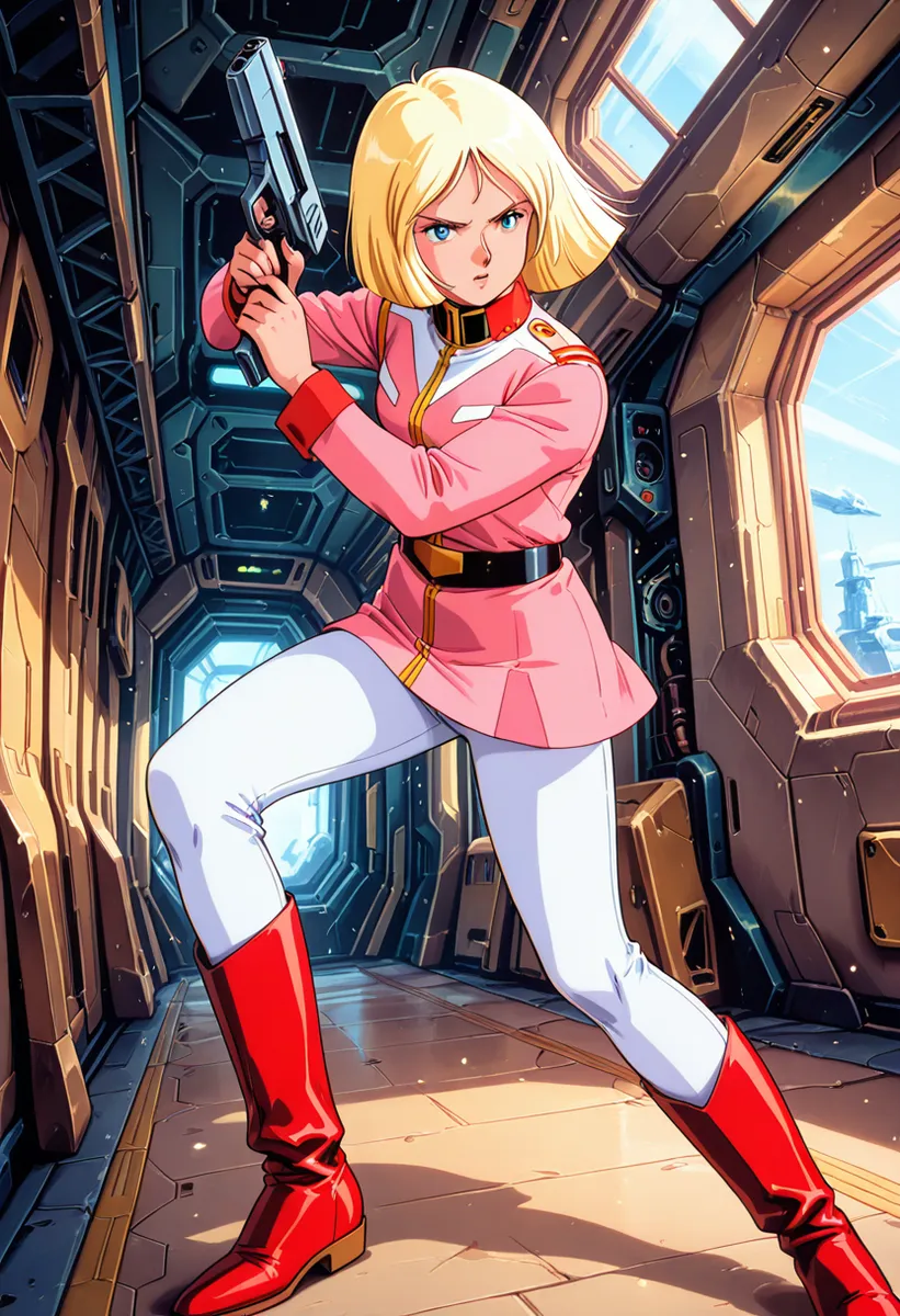 Personaje de anime rubia con uniforme militar rosa, pantalones blancos y botas rojas, sosteniendo un arma en una pose dinámica dentro de un pasillo futurista de una nave espacial con interior detallado e iluminación vibrante.