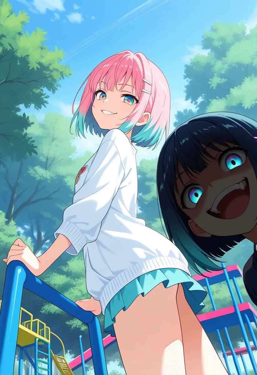 Due ragazze anime in un parco giochi con alberi verdi rigogliosi e cielo azzurro. Una ragazza con capelli corti rosa e acqua, occhi multicolore sfumati, maglione bianco e gonna turchese sorride con sicurezza appoggiata a un attrezzo del parco giochi. L'altra ragazza con capelli scuri, occhi blu luminosi e sorriso malizioso è parzialmente in ombra, vicino alla fotocamera.