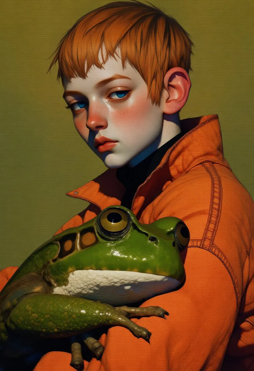 Hyper-realistic close-up of a boy with vivid blue eyes and short spiky golden-yellow hair, wearing an orange jacket, tenderly cradling a large green frog against a soft olive-green background.