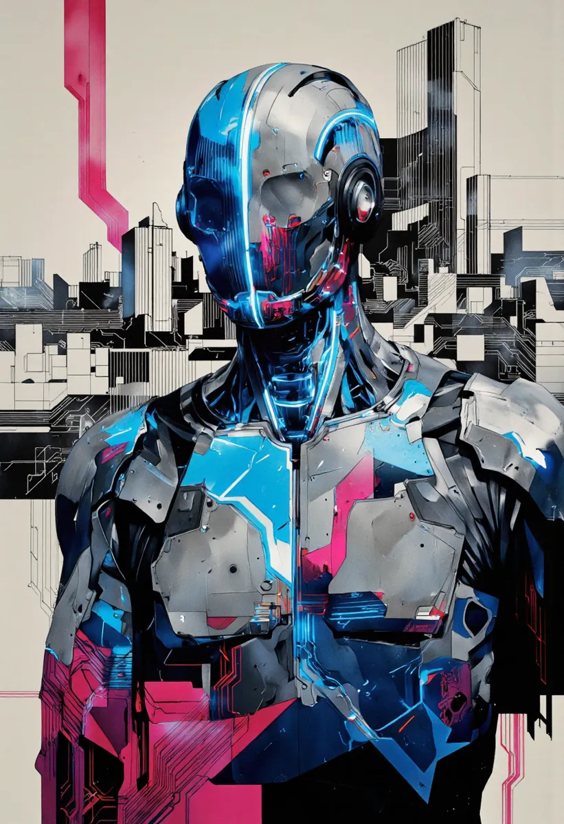 Sentient Cyborgs Cyborg Sentinel in Neon Blue and Pink - AI Image Gallery | Diffus