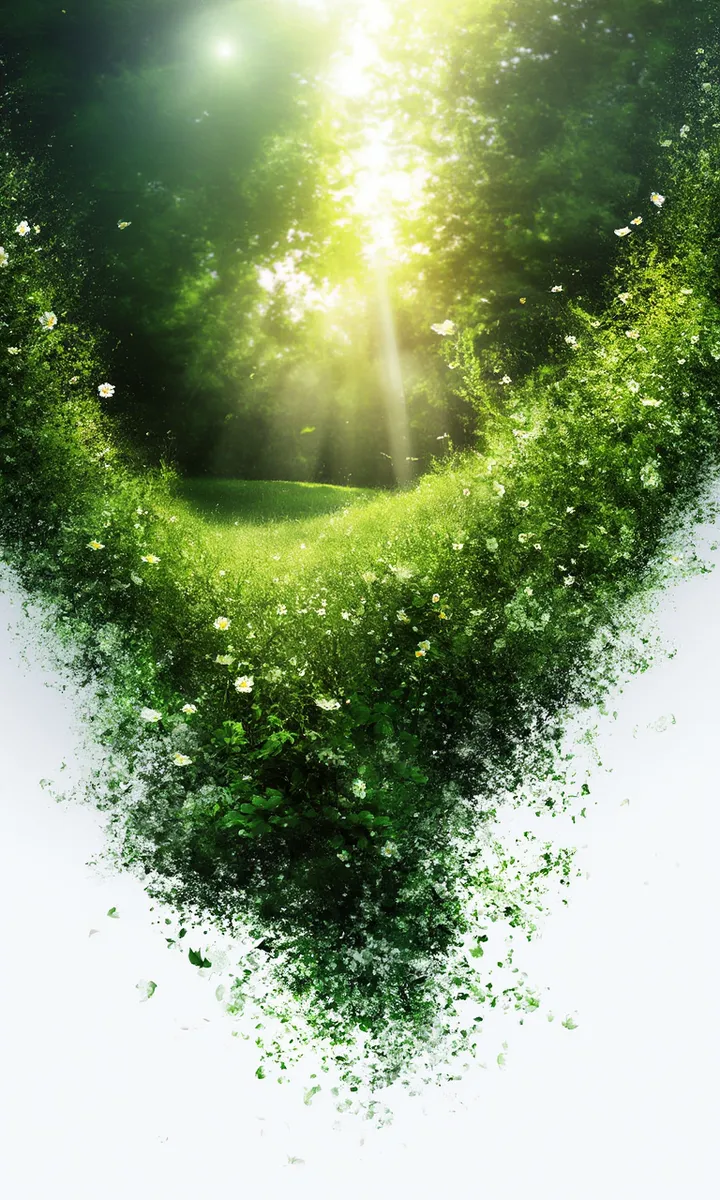 Digital art of a lush green meadow surrounded by dense foliage with dramatic sunlight streaming through the trees and scattered small white flowers.