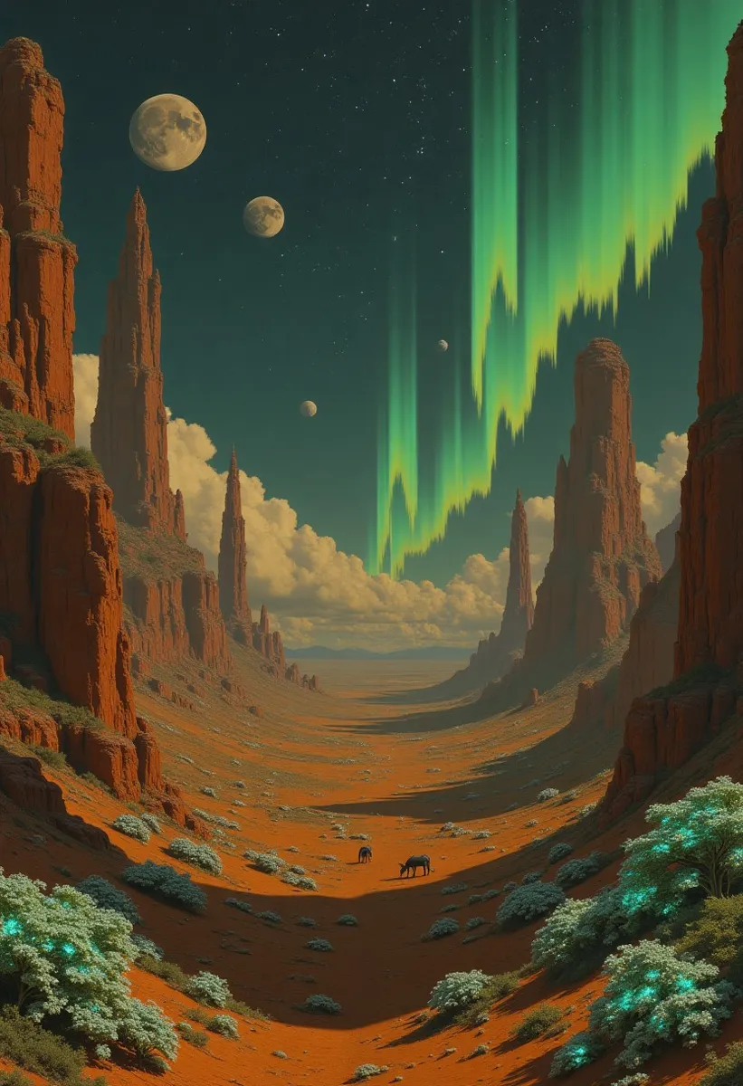 Vast desert with glowing bioluminescent plants among tall red rock formations, under a surreal night sky featuring multiple moons and bright auroras.