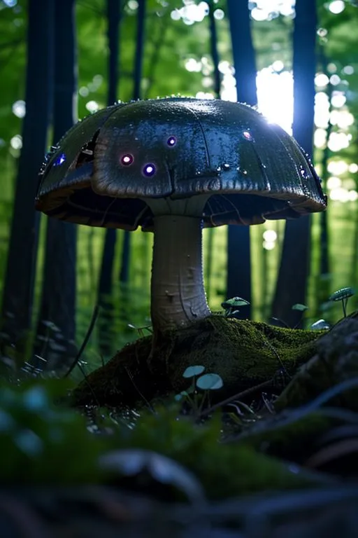 Mechanical Mushroom Glowing Blue in Dark Woods - AI Image Gallery | Diffus