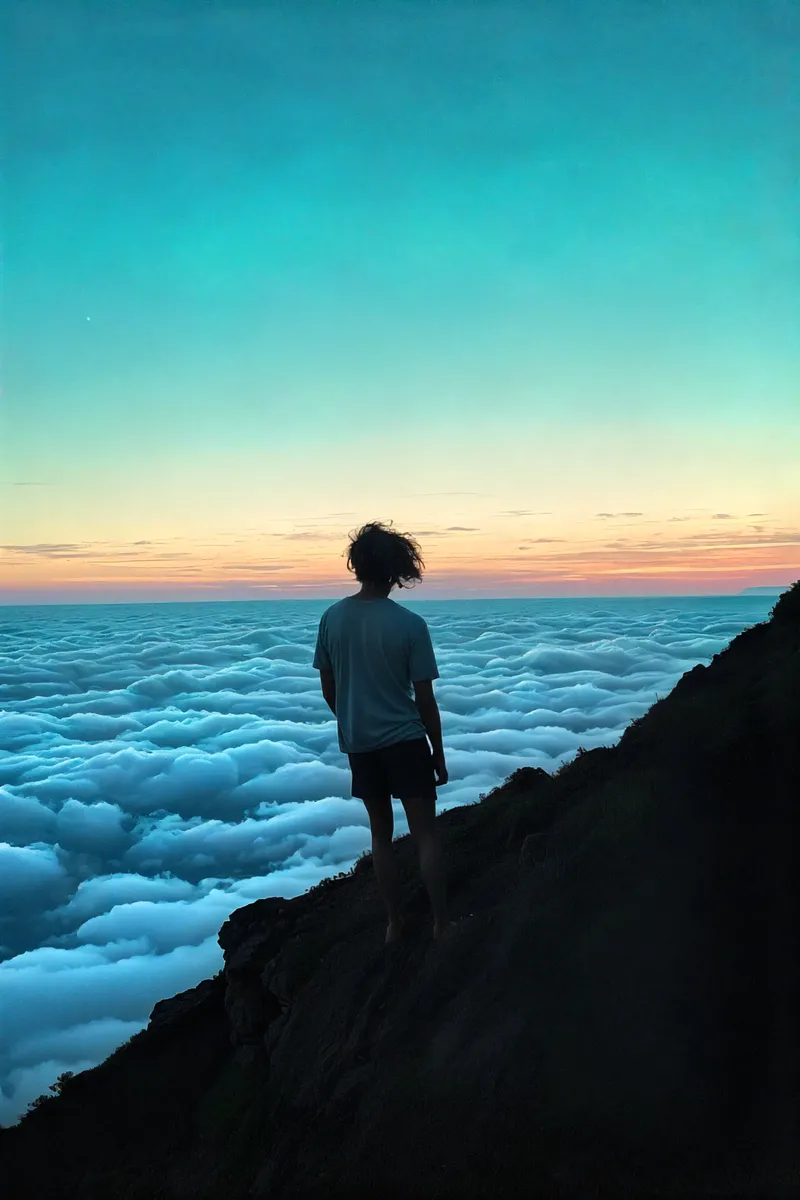 Silhouette of a young person with spiky hair standing on the edge of a rugged cliff, gazing over a vast sea of clouds under a gradient sunset sky from deep blue to orange.