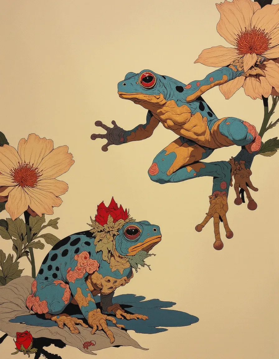 A vibrant blue and orange colored frog mid-leap between searose leaves, with another frog sitting nearby adorned with floral decorations, set against a vintage botanical background.