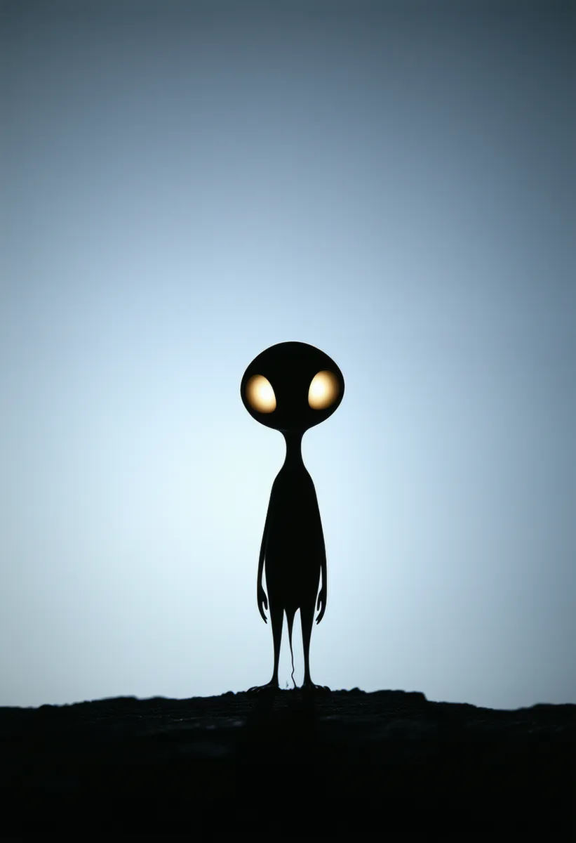 Silhouette of a minimalist creature with large luminous eyes standing against a softly glowing midnight blue background.