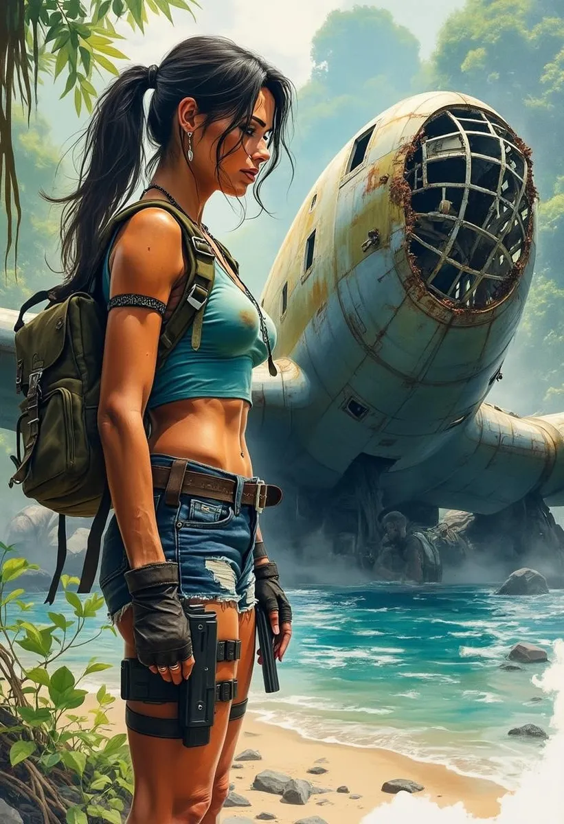 Lara Croft examinando un bombardero de la Segunda Guerra Mundial estrellado  en la selva - Galería de imágenes AI | Diffus, image size:821x1200
